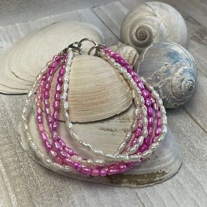 6 strand Pink and white rice pearl bracelet